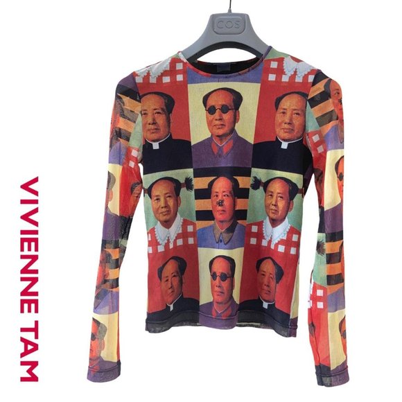 vivienne tam spring 1995 mao collection print mesh long sleeve top size S - Picture 1 of 3